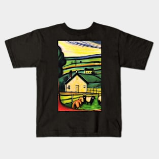 Colourful oil painting of a farm with sheep Kids T-Shirt